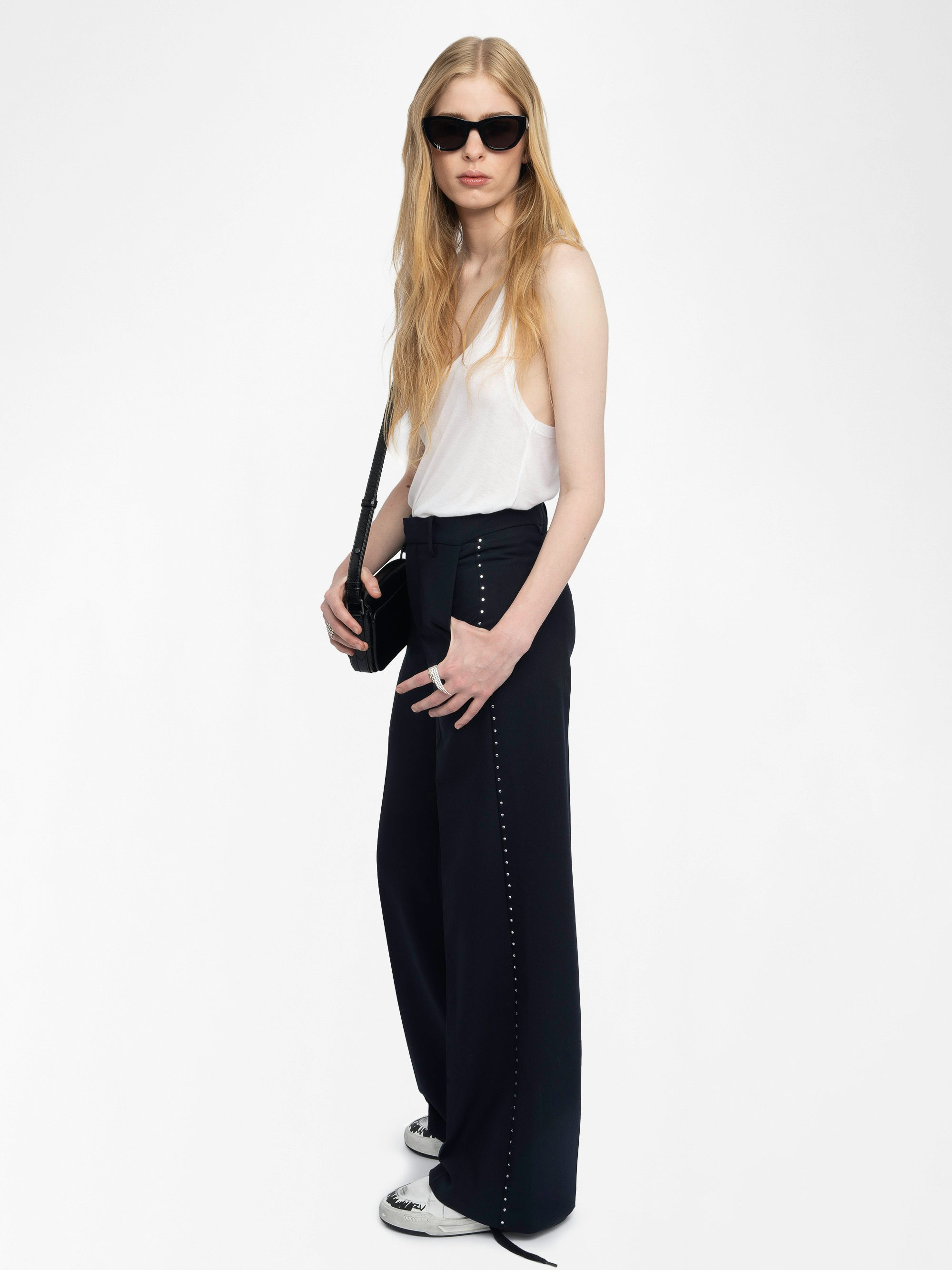 Panol Trousers - Wide-leg tailored trousers with rhinestones.
